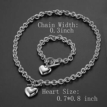 Heart Pendant Necklace and Bracelet Toggle Chain Stainless Steel Silver Drop White Jewelry Set For women (White)