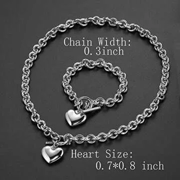 Heart Pendant Necklace and Bracelet Toggle Chain Stainless Steel Silver Drop White Jewelry Set For women (White)