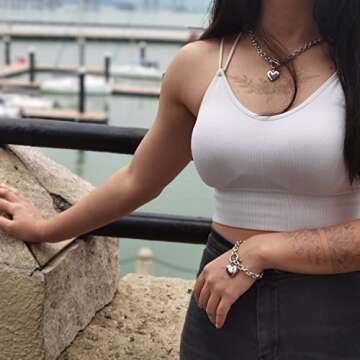 Heart Pendant Necklace and Bracelet Toggle Chain Stainless Steel Silver Drop White Jewelry Set For women (White)