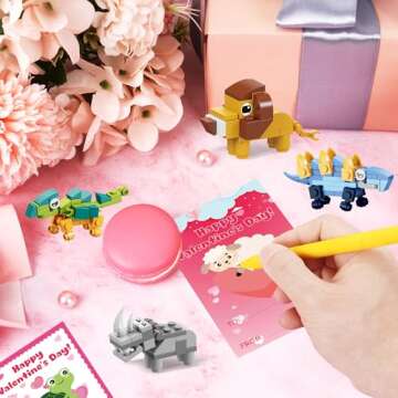 24 Pack Valentines Day Gifts Animal Dinosaur Figure Building Blocks with Valentine's Cards for Kids Boys Girls - Valentine Day Party Favors Classroom Exchange Gifts School Rewards Supplies