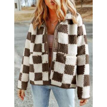 SHEWIN Jackets For Women Causal Lightweight Sherpa Fall Jacket Loose Button Down Oversized Plaid Fleece Coats Fall Clothes 2024 Chestnut Large