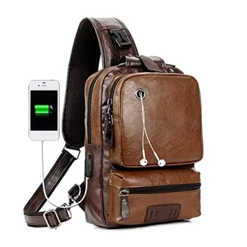 Vintage Brown Sling Backpack with USB Charger