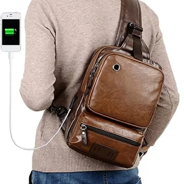 Vintage Brown Sling Backpack with USB Charger