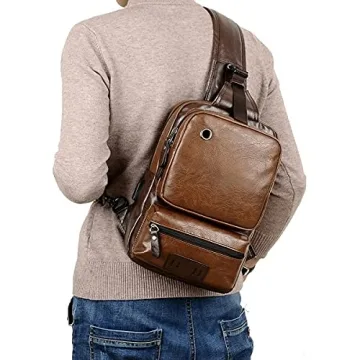 Vintage Brown Sling Backpack with USB Charger