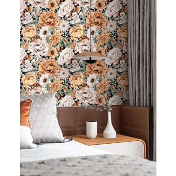HAOKHOME Vintage Peel and Stick Floral Wallpaper Removable Large Peony Black/Orange/Pink Vinyl Self ...