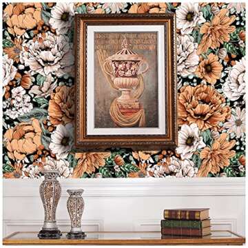 HAOKHOME Vintage Peel and Stick Floral Wallpaper Removable Large Peony Black/Orange/Pink Vinyl Self Adhesive Mural 17.7in x 9.8ft