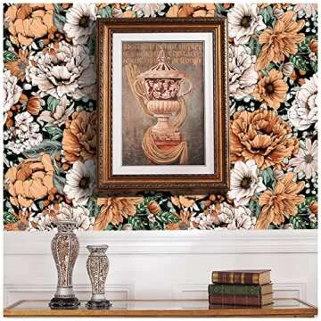 HAOKHOME Vintage Peel and Stick Floral Wallpaper Removable Large Peony Black/Orange/Pink Vinyl Self Adhesive Mural 17.7in x 9.8ft