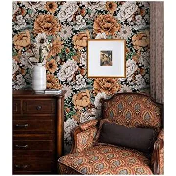HAOKHOME Vintage Peel and Stick Floral Wallpaper Removable Large Peony Black/Orange/Pink Vinyl Self Adhesive Mural 17.7in x 9.8ft
