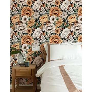 HAOKHOME Vintage Peel and Stick Floral Wallpaper Removable Large Peony Black/Orange/Pink Vinyl Self Adhesive Mural 17.7in x 9.8ft