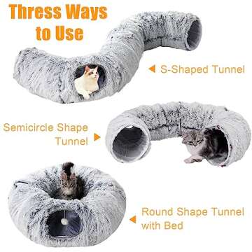 Cat Tunnel Bed for Indoor Cats, Plush Play Tunnel & Cozy Cave with Hanging Ball