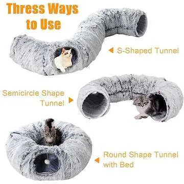 Cat Tunnel Bed for Indoor Cats, Plush Play Tunnel & Cozy Cave with Hanging Ball