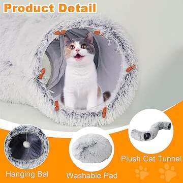 Durable Plush Cat Tunnel Bed with Hanging Ball & Peepholes