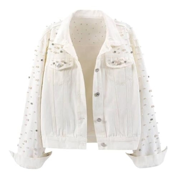 LifeShe Women's Cropped Rhinestones Denim Jacket