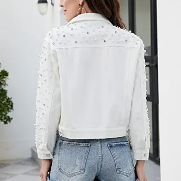 LifeShe Women's Cropped Rhinestones Denim Jacket