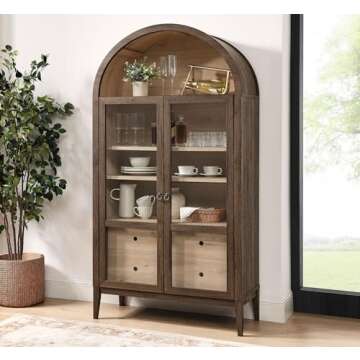 Modway Nolan Tall Arched Storage Display Cabinet in Walnut Light Oak - 74 Inch Arch Bookshelf with Glass Doors, Shelves and Drawers - Modern Accent Cabinet for Living Room, Dining Room