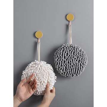 MAYITBE Soft Absorbent Chenille Hand Towels, Decorative Hanging Fuzzy Towels Ball, Thick Drying Cloth Hand Towel for Home Kitchen & Bathroom (White*2)