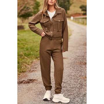 PRETTYGARDEN Womens 2025 Winter 2 Piece Outfit Tracksuit Long Sleeve Button Down Shacket Jacket Pockets Long Pants Casual Set (Camel,Small)