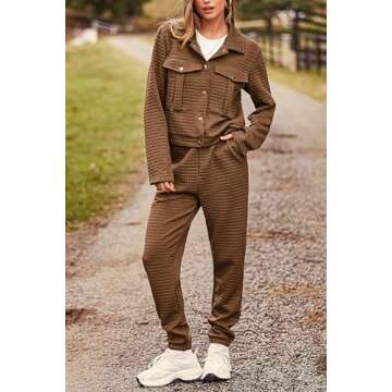 PRETTYGARDEN Womens 2025 Winter 2 Piece Outfit Tracksuit Long Sleeve Button Down Shacket Jacket Pockets Long Pants Casual Set (Camel,Small)