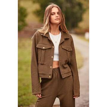 PRETTYGARDEN Womens 2025 Winter 2 Piece Outfit Tracksuit Long Sleeve Button Down Shacket Jacket Pockets Long Pants Casual Set (Camel,Small)