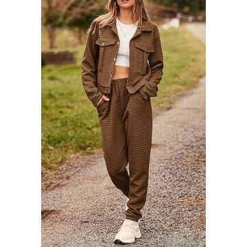 PRETTYGARDEN Womens 2025 Winter 2 Piece Outfit Tracksuit Long Sleeve Button Down Shacket Jacket Pockets Long Pants Casual Set (Camel,Small)