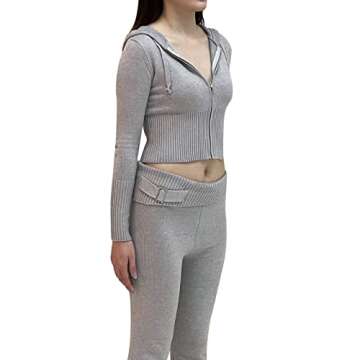 NUFIWI Women Ribbed Knit 2 Piece Outfits Long Sleeve Zip Up Hooded High Waist Wide Leg Skinny Pants Set Loungewear(B Grey,Small)