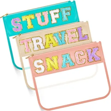 3 Pcs Chenille Letter Clear Zipper Pouch for Travel Waterproof Cosmetic Pouch Clear Snack Bags Nylon...
