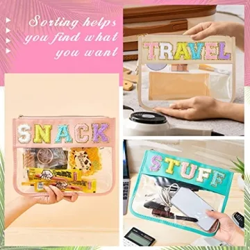 Stylish 3 Pcs Chenille Letter Clear Zipper Pouch Set