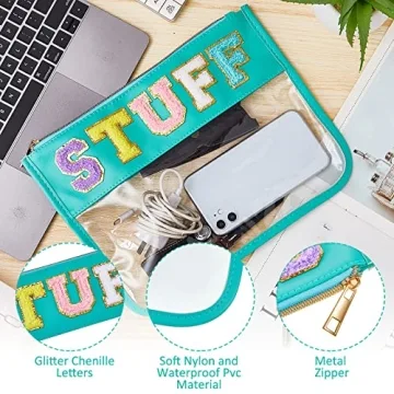 Stylish 3 Pcs Chenille Letter Clear Zipper Pouch Set