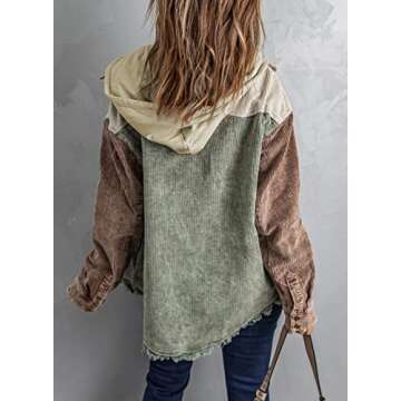 Dokotoo Womens Ladies Corduroy Jackets Long Sleeve Flannel Shirts Button Down Coats Contrast Color Block Oversized Hooded Winter Fall 2024 Shacket Jackets with Pockets Green Small