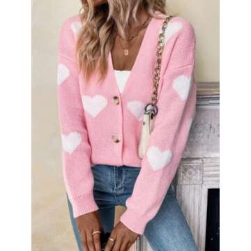 Women Long Sleeve Heart Love Cardigan Sweater Button Open Front Casual Knit Sweaters Valentines Day ...
