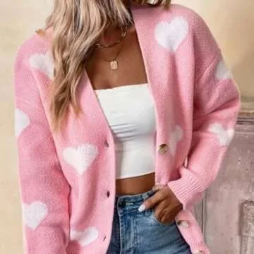 Women Long Sleeve Heart Love Cardigan Sweater Button Open Front Casual Knit Sweaters Valentines Day Outerwear (Pink, S)