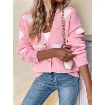 Women Long Sleeve Heart Love Cardigan Sweater Button Open Front Casual Knit Sweaters Valentines Day Outerwear (Pink, S)