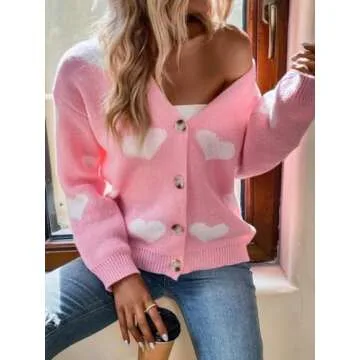 Women Long Sleeve Heart Love Cardigan Sweater Button Open Front Casual Knit Sweaters Valentines Day Outerwear (Pink, S)