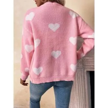 Women Long Sleeve Heart Love Cardigan Sweater Button Open Front Casual Knit Sweaters Valentines Day Outerwear (Pink, S)