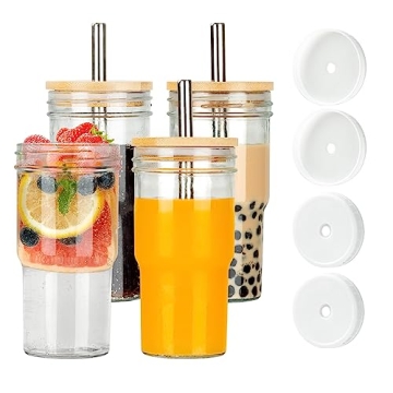 Richro Glass Cups Set of 4 - 22oz Mason Jar Drinking Glasses with Lids & Straws