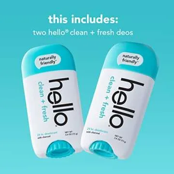 hello Activated Charcoal Fresh and Clean Deodorant for Women + Men, Aluminum Free, Baking Soda Free, Parabens Free, 24 Hour Odor Protection, 2.6 Ounce, 2 Pack