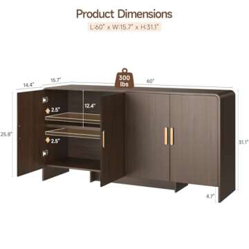 ONBRILL 60" Sideboard Buffet Cabinet with Storage, Curved Design Farmhouse Coffee Bar Cabinet with 4...