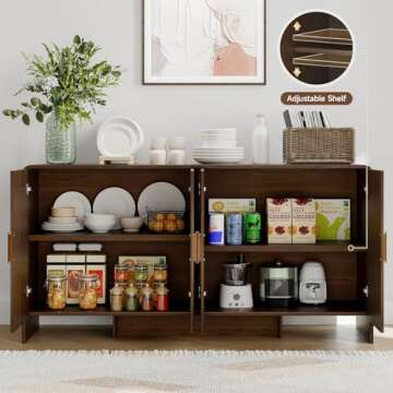 ONBRILL 60" Sideboard Buffet Cabinet with Storage, Curved Design Farmhouse Coffee Bar Cabinet with 4 Doors & Adjustable Shelves for Living Room, Kitchen, Hallway, Walnut