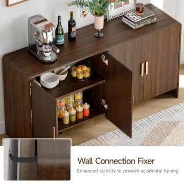 ONBRILL 60" Sideboard Buffet Cabinet with Storage, Curved Design Farmhouse Coffee Bar Cabinet with 4 Doors & Adjustable Shelves for Living Room, Kitchen, Hallway, Walnut