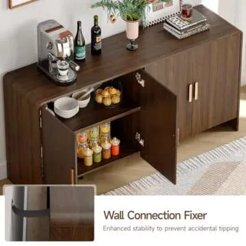 ONBRILL 60" Sideboard Buffet Cabinet with Storage, Curved Design Farmhouse Coffee Bar Cabinet with 4 Doors & Adjustable Shelves for Living Room, Kitchen, Hallway, Walnut