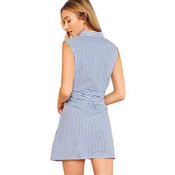 ROMWE Women's Cute Sleeveless Striped Belted Button Up Summer Short Shirt Dress Blue S