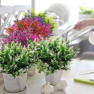 Grunyia 10 Bundles Artificial Lavender Flowers Outdoor Fake Plants Faux Plastic UV Resistant Flowers for Home Garden Porch Window Box and Cemetary Grave Decorations (10, White)