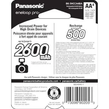 Panasonic BK-3HCCA4BA eneloop pro AA High-Capacity Ni-MH Pre-Charged Rechargeable Batteries, 4-Batte...