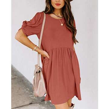 YIBOCK Women's Summer Casual Twist Knot Short Puff Sleeve Dresses Pleated Swing Dress Rust