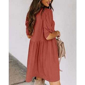 YIBOCK Women's Summer Casual Twist Knot Short Puff Sleeve Dresses Pleated Swing Dress Rust