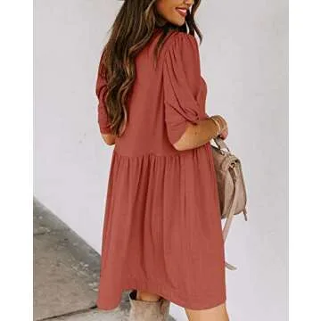 YIBOCK Women's Summer Casual Twist Knot Short Puff Sleeve Dresses Pleated Swing Dress Rust