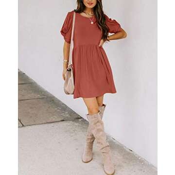 YIBOCK Women's Summer Casual Twist Knot Short Puff Sleeve Dresses Pleated Swing Dress Rust