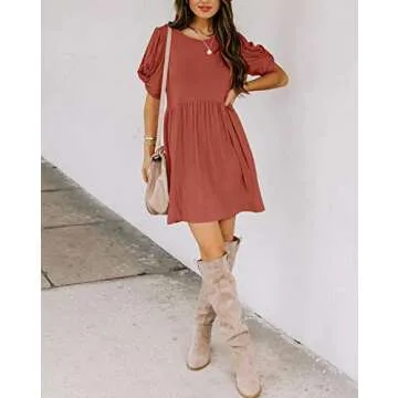 YIBOCK Women's Summer Casual Twist Knot Short Puff Sleeve Dresses Pleated Swing Dress Rust