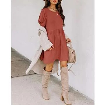 YIBOCK Women's Summer Casual Twist Knot Short Puff Sleeve Dresses Pleated Swing Dress Rust