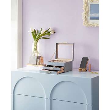 SONGMICS Jewelry Box with Glass Lid, 3-Layer Jewelry Organizer, 2 Drawers, for Big and Small Jewelry...